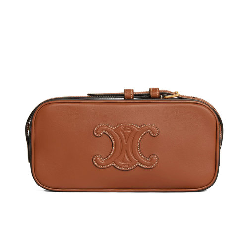 CELINE/赛琳 22新款CUIR TRIOMPHE系列 女士迷你褐色小牛皮拉链开合饰同色徽标单肩斜挎相机包10J583DR8.04LU