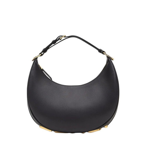 Fendi/芬迪 22年春夏新款Fendigraphy系列 女士黑色皮革复古金色金属徽标小号新月单肩斜挎手提包8BR798A5DYF1HEJ