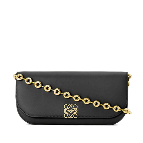 LOEWE/罗意威 22春夏新款Goya系列 女士长款黑色丝绸牛皮风琴结构单肩手提手拿链条包A896O45X01-1100