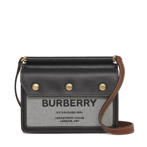 BURBERRY/博柏利  Title系列 女士迷你黑色/棕褐色帆布明线皮革Horseferry印花三按扣单肩斜挎手提包80428521