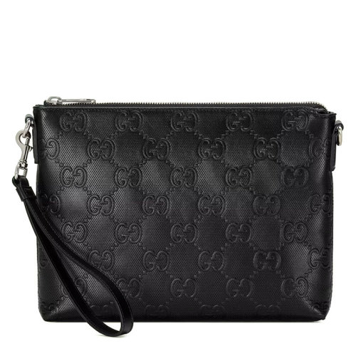 GUCCI/古驰 22新款 男士中号老花压纹黑色皮革银扣配织物肩带拉链开合单肩斜挎手拿包6960091W3CN1000