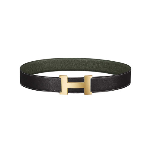 HERMES/爱马仕 H系列 石墨/铜绿色荔枝纹小牛皮 男士双面金扣皮带38毫米H074562CP2K/H077971CAAO080
