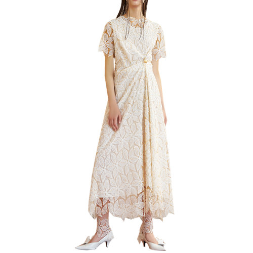 HUI/卉 女士连衣裙19夏季白色花蕾丝短袖收腰连衣裙