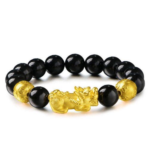 GJY/古金玥  貔貅 3D硬金黄金 本命年男士精品配黑曜石黄金转运珠手链 送备珠