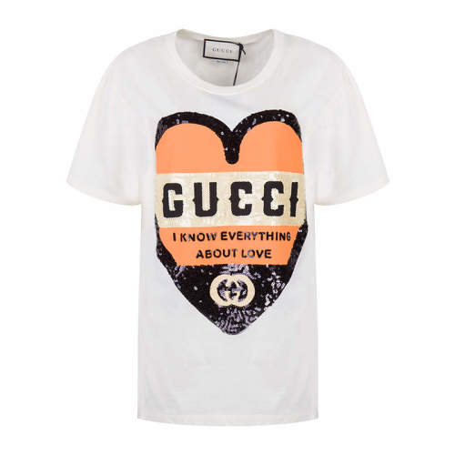 GUCCI/古驰  古琦女装 经典双G 字母心形图案 女士棉质时尚圆领春夏短袖T恤 492347 XJB72 1082