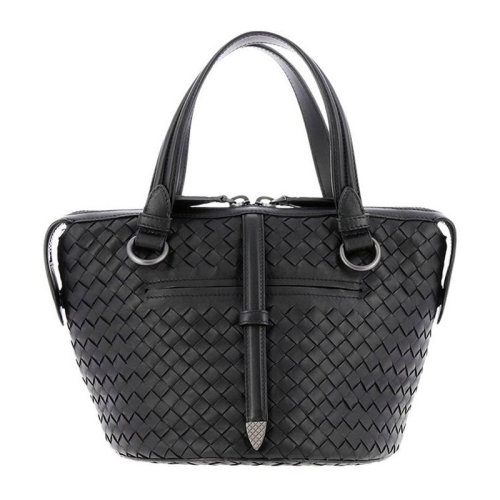 Bottega Veneta/葆蝶家 女士黑色编织皮革金属色抛光手提包斜挎包单肩包女包 535263-V0016-8175