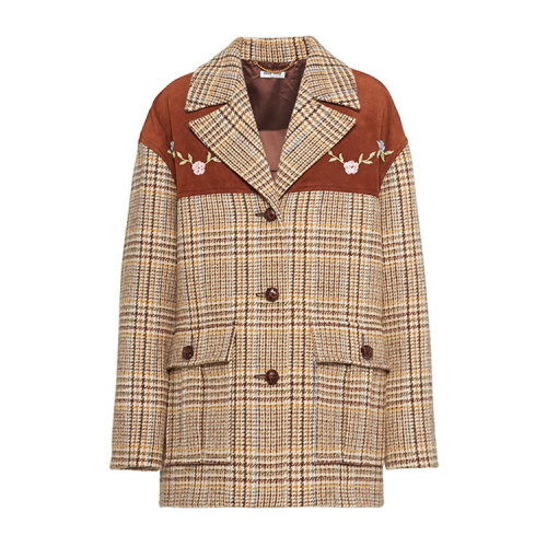 MiuMiu/缪缪 棕色 女士花朵刺绣装饰苏格兰格纹大衣外套 ML596_1V7S_F0D22
