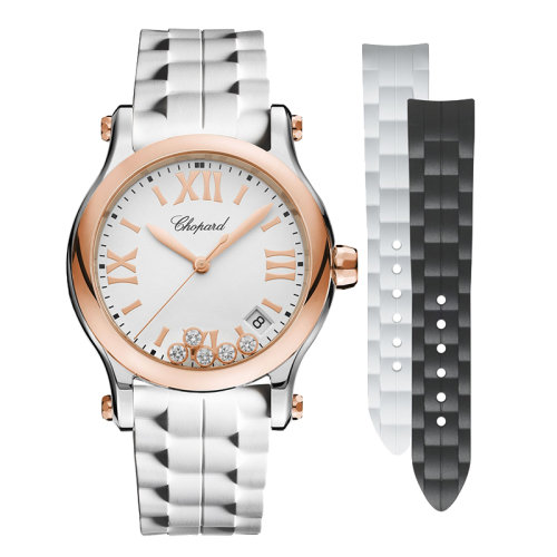  Chopard/萧邦 Happy Sport系列 石英表玫瑰金表壳镶嵌钻石白盘橡胶表带女表36毫米278582-6001