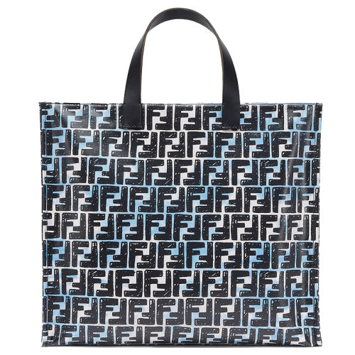 FENDI/芬迪   经典FF图形点缀 女士浅蓝色白色帆布购物袋手提包 8BH357ADBTF1C78