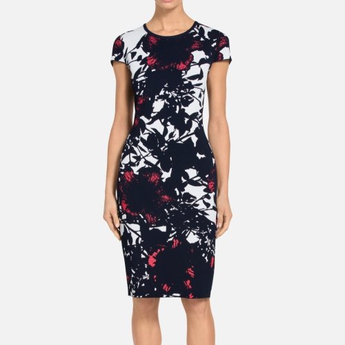 St.John/盛蔷裙摆开叉针织印花短袖女士连衣裙K1100P2