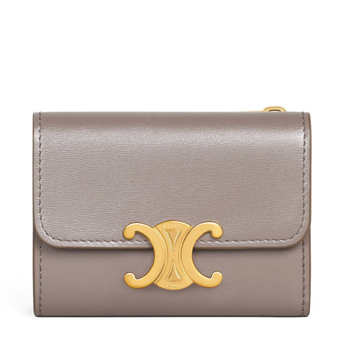 CELINE/赛琳 22新款TRIOMPHE系列 女士卵石灰小牛皮配可拆卸拉链卡夹二合一多功能钱包10I653DPV.10BL