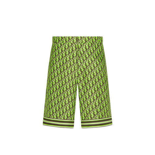 DIOR/迪奥 22年早春新款 男士荧光绿色/卡其色桑蚕丝斜纹面料老花印花短裤013C121A4751_C686