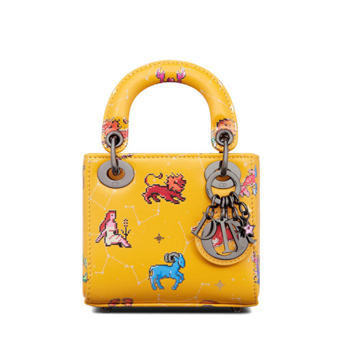 DIOR/迪奥 22新款LADY DIOR系列 女士超迷你黄色多色Zodiac Pixel印花牛皮革“D.I.O.R.”吊饰单肩斜挎手提包S0856BNER_M930