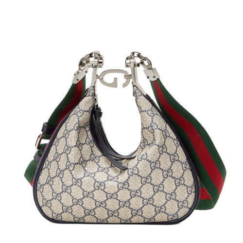 GUCCI/古驰 22新款 女士经典米色蓝色老花帆布蓝色皮革滚边新月造型G钩扣小号单肩手提包?69940996GRN4082