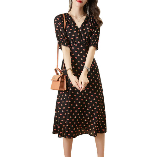 GeleiStory/GeleiStory 新款法式茶歇裙V领连碎花中长裙 女士连衣裙