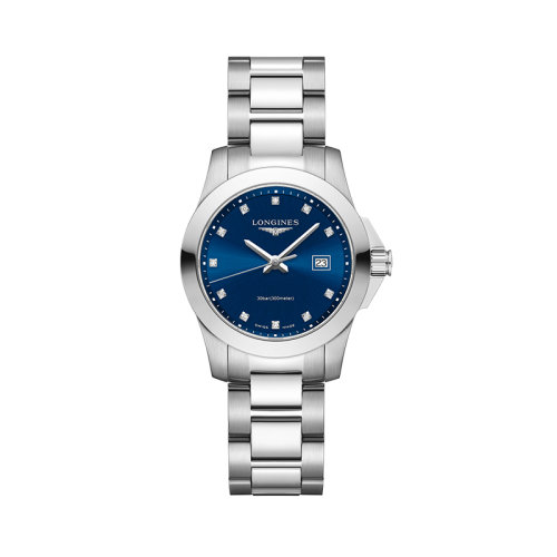 LONGINES/浪琴  康卡斯系列精钢蓝色表盘刻度镶钻女士石英机芯腕表29.50毫米L3.376.4.97.6