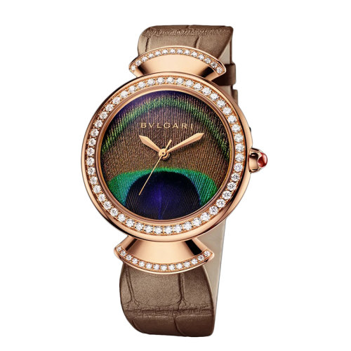 BVLGARI/宝格丽 DIVAS'DREAM 内部机械机芯 自动上链 18K金玫瑰金表壳和表圈 表盘饰有孔雀羽毛自然而有光泽的米色鳄鱼皮表带 37毫米103139