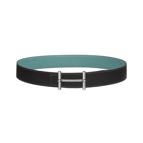 HERMES/爱马仕 H系列 石墨/天空蓝色荔枝纹小牛皮 男士双面银扣皮带38毫米H077938CK05/H077971CAAL090