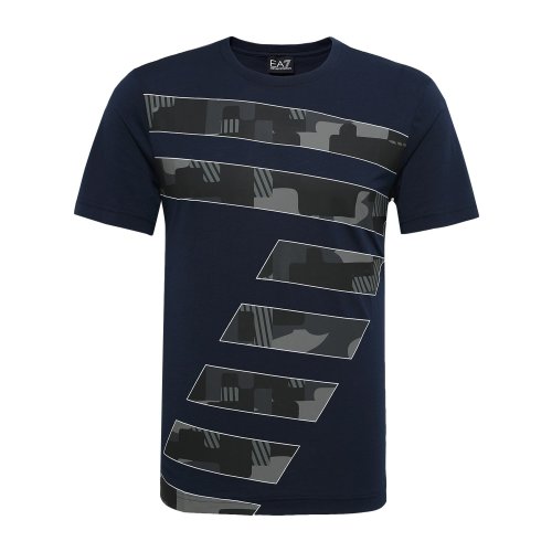Emporio Armani/安普里奥阿玛尼 时尚休闲深蓝色圆领条纹印花LOGO男士短袖T恤 3ZPT88PJM9Z1554
