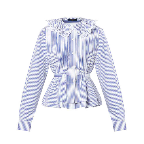 Louis Vuitton/路易威登 22年春夏新款 女士浅蓝色纯棉巴亚德条纹彼得潘领衬衫1A9O20