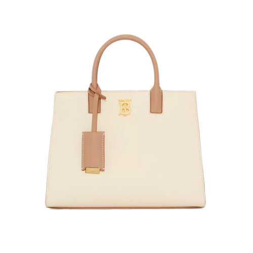 BURBERRY/博柏利 22新款 女士驼色/深棕褐色双色拼接粒面皮革开盖磁扣开合皮革提手拆卸调节肩带字母抛光金属配件单肩斜挎手提包80596301