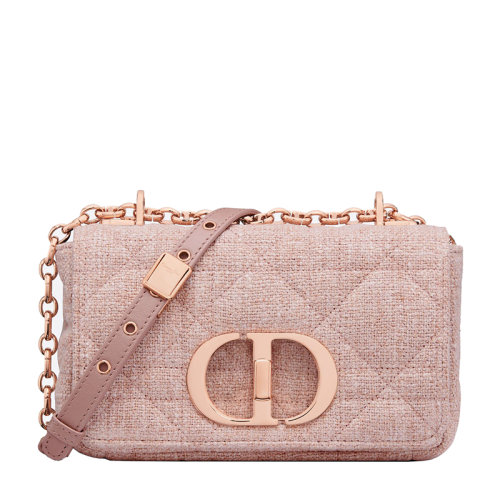 DIOR/迪奥 22新款Caro系列 女士玫瑰粉色亚麻超大藤格纹粉扣粉链单肩斜挎手拿链条包M9241JWEX_M63E