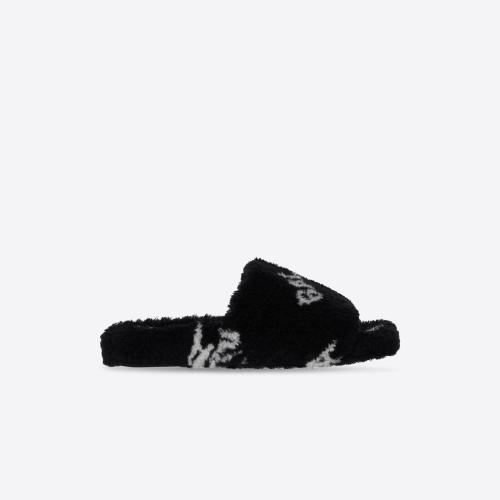  BALENCIAGA巴黎世家 22年春夏 女士 平底凉鞋 Womens Furry Slide Sandal Allover Logo in Bla