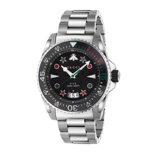 GUCCI/古驰  Dive系列 男女同款黑色表盘石英机芯精钢表壳和表链腕表45毫米663940I16X08489