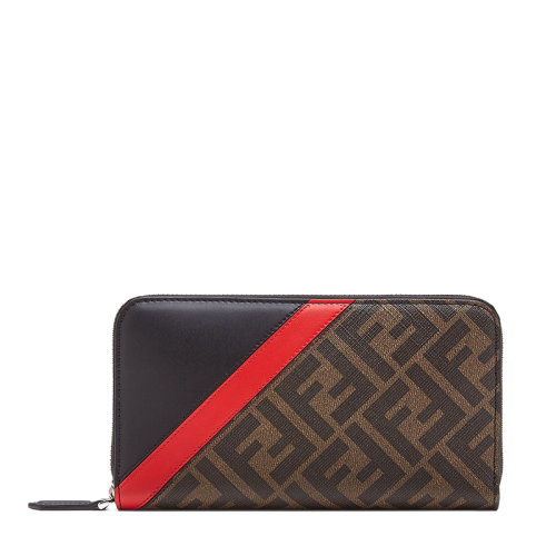 FENDI/芬迪  男士棕色FF提花织物黑色小牛皮红色调拉链钱包7M0210A9XSF19P9