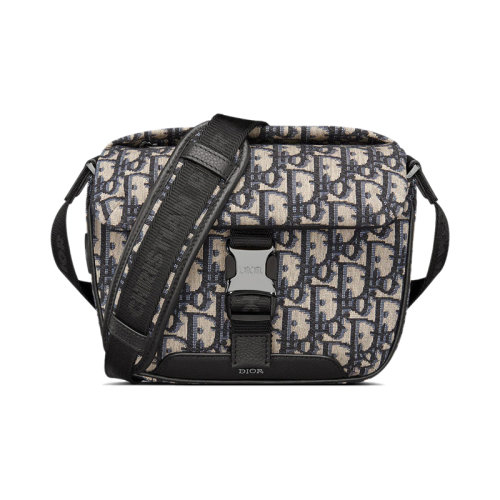 DIOR/迪奥 22新款 男士米色/黑色老花帆布配黑色粒面小牛皮搭扣开合尼龙提花调节肩带单肩斜挎包2ESWS001YKY_H27E