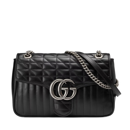 GUCCI/古驰  GG Marmont系列 女士中号黑色绗缝皮革复古银饰双G链条斜挎单肩手提包443496UM8AN1000