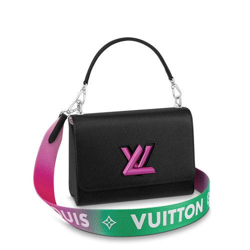 Louis Vuitton/路易威登 22春夏新款TWIST系列 女士中号黑色水波纹粒面牛皮革银扣徽标扭锁配可拆卸徽标织物肩带单肩斜挎手提包M59416