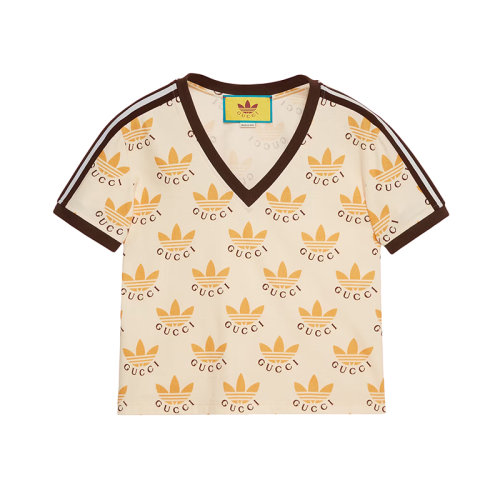GUCCI/古驰 22年秋冬新款 adidas联名系列 女士象牙白色纯棉联名Logo老花图案V领短袖T恤?693539XJEBY9039