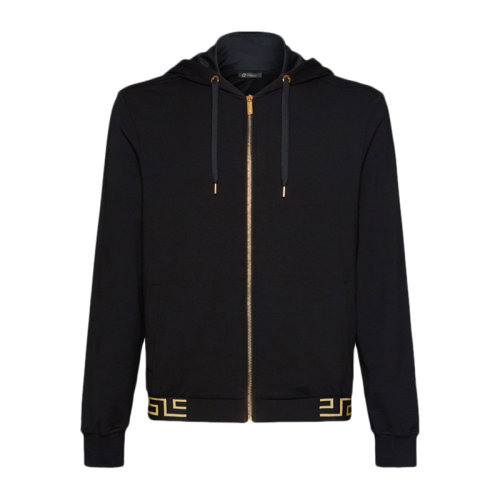 VERSACE/范思哲 男士黑色莫代尔混纺氨纶经典希腊回纹装饰长袖连帽卫衣上衣夹克外套 AGU15010-AV00194-A80G