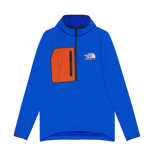 GUCCI/古驰 22秋冬款 The North Face联名系列 男士蓝色涤纶饰有彩色LOGO图案橙色胸带连帽运动毛衣?663909ZM0C14394