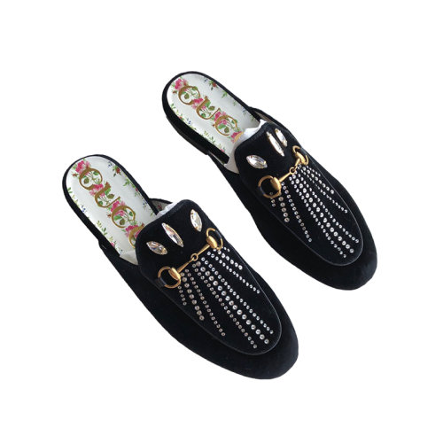 Gucci 古驰 女士黑色丝绒穆勒拖鞋 水晶镶嵌