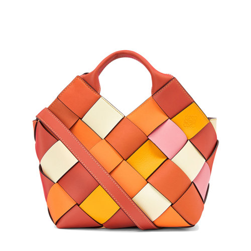 LOEWE/罗意威 22春夏新款Surplus系列 女士小号橙色拼色牛皮革编织单肩手提篮A521T32X21-9158