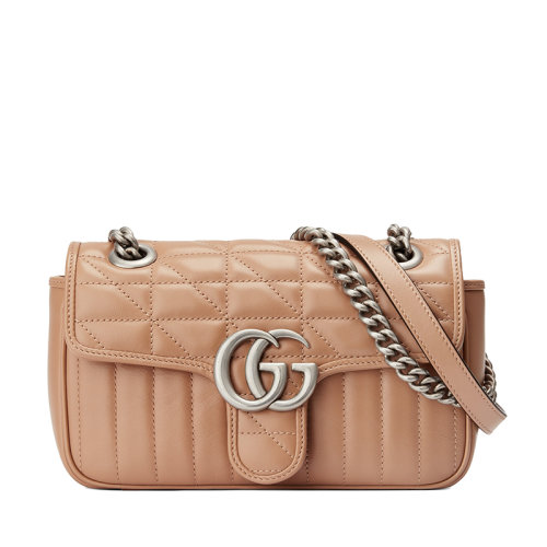 GUCCI/古驰  GG Marmont系列 女士迷你玫瑰米色绗缝皮革复古银饰双G翻盖斜挎单肩链条包446744UM8AN2754