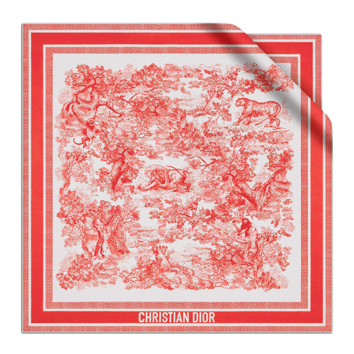 DIOR/迪奥 22年春夏新款 女士象牙色和红色Toile de Jouy Sauvage图案真丝斜纹布方巾头巾围巾15JOU090I602_C306