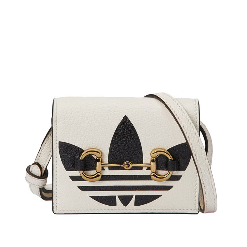 GUCCI/古驰 22新款阿迪达斯联名系列 女士米白色黑色皮革三叶草印花金属马衔扣细节斜挎手拿卡包卡片夹702248DJ24G8847