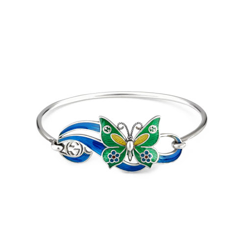 GUCCI/古驰 22春夏新款 925纯银饰互扣式钩扣双G绿蓝黄三色珐琅蝴蝶蓝色手镯679875J84108521