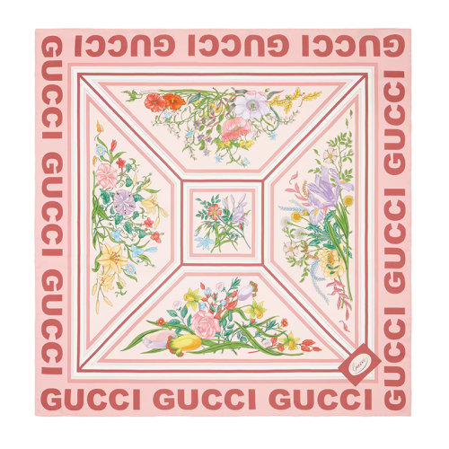 GUCCI/古驰 22年春夏新款 女士粉色真丝花卉印花方巾围巾丝巾6914553G0015800