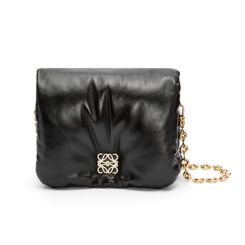 LOEWE/罗意威 22秋冬新款 Puffer Goya系列 女士黑色纳帕小羊皮鹅毛填充磁扣拆卸金色甜甜圈形状链条手提斜挎单肩包AP40P41X01-1100