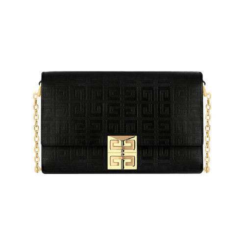 Givenchy/纪梵希 22新款 女士小号黑色涂层帆布饰有压花图案翻盖配有金属磁扣链式肩带金色饰面金属斜挎包BB50HEB1GT-001