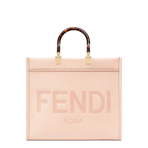 FENDI/芬迪 22春夏新款Sunshine系列 女士中号粉色小牛皮徽标ROMA压纹双玳瑁手柄托特包单肩包8BH386ABVLF14N1