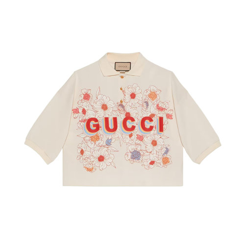 GUCCI/古驰 22年秋冬新款 Lovelight系列 女士米白色纯棉花卉印花七分袖Polo衫709394XJERO9150