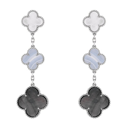 Van Cleef & Arpels/梵克雅宝 经典Magic Alhambra系列 18k金白金白色灰色珍珠母贝玉髓3四叶草耳坠耳环VCARN18800