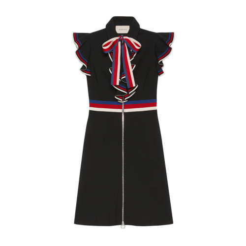 GUCCI 古驰 女士 服装  黑色荷叶袖蝴蝶领结织带弹力针织修身连衣裙 女士连衣裙