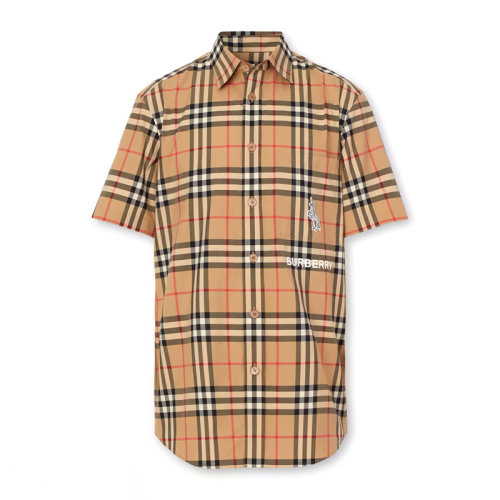 BURBERRY 博柏利 巴宝莉 男士 服装 驼色棉质斑马图案字母LOGO格纹短袖衬衫 男士短袖衬衫