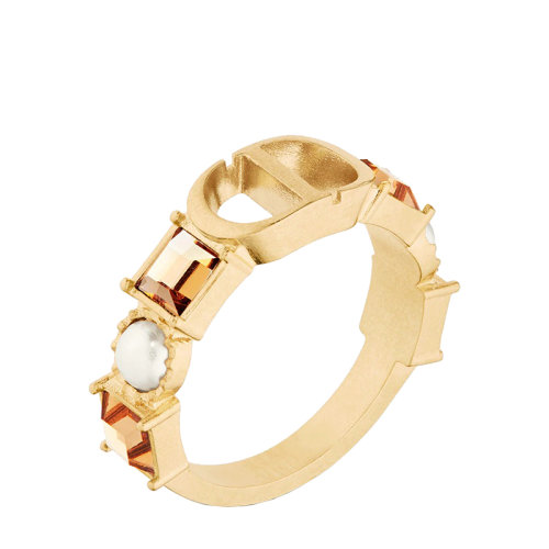 Dior/迪奥 22春夏新款PETIT CD系列 女士金色饰面金属白色树脂珠饰和香槟色透明水晶装饰CD戒指 R1193PTCCY_D02O